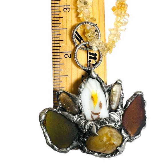 Citrine Sea Glass & Broken China Artisan Pendant Vintage Triple Chain Necklace - Picture 7 of 16